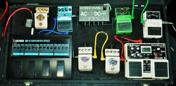 Andy's pedalboard is made up of new and old digital effect, plus analogue drives